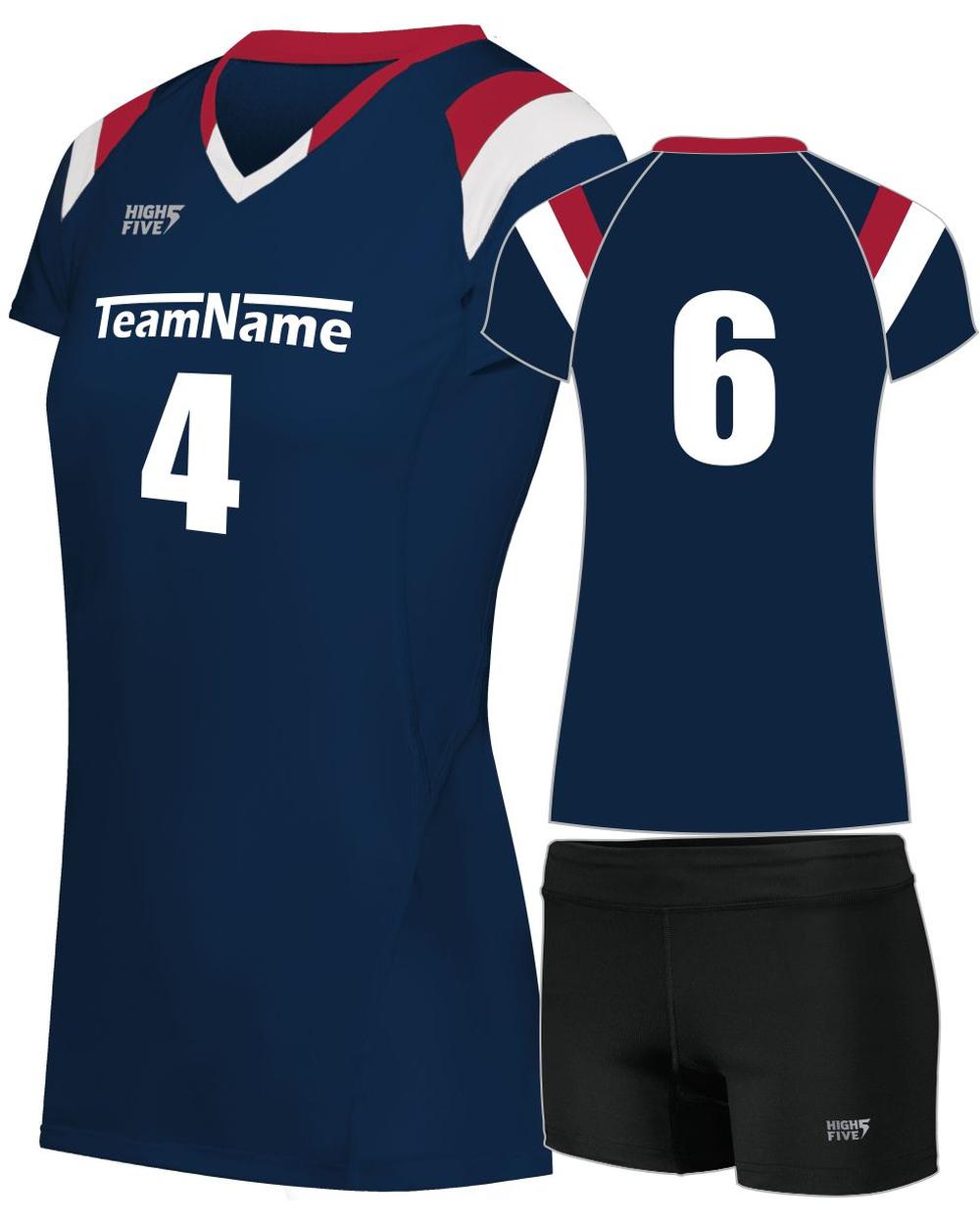 High 5 Women's TruHit Tri-Color Custom Volleyball Uniform, color: Navy/Scarlet/White