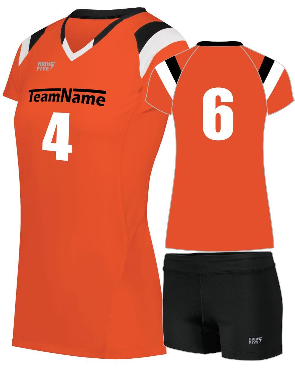 High 5 Women's TruHit Tri-Color Custom Volleyball Uniform, color: Orange/Black/White