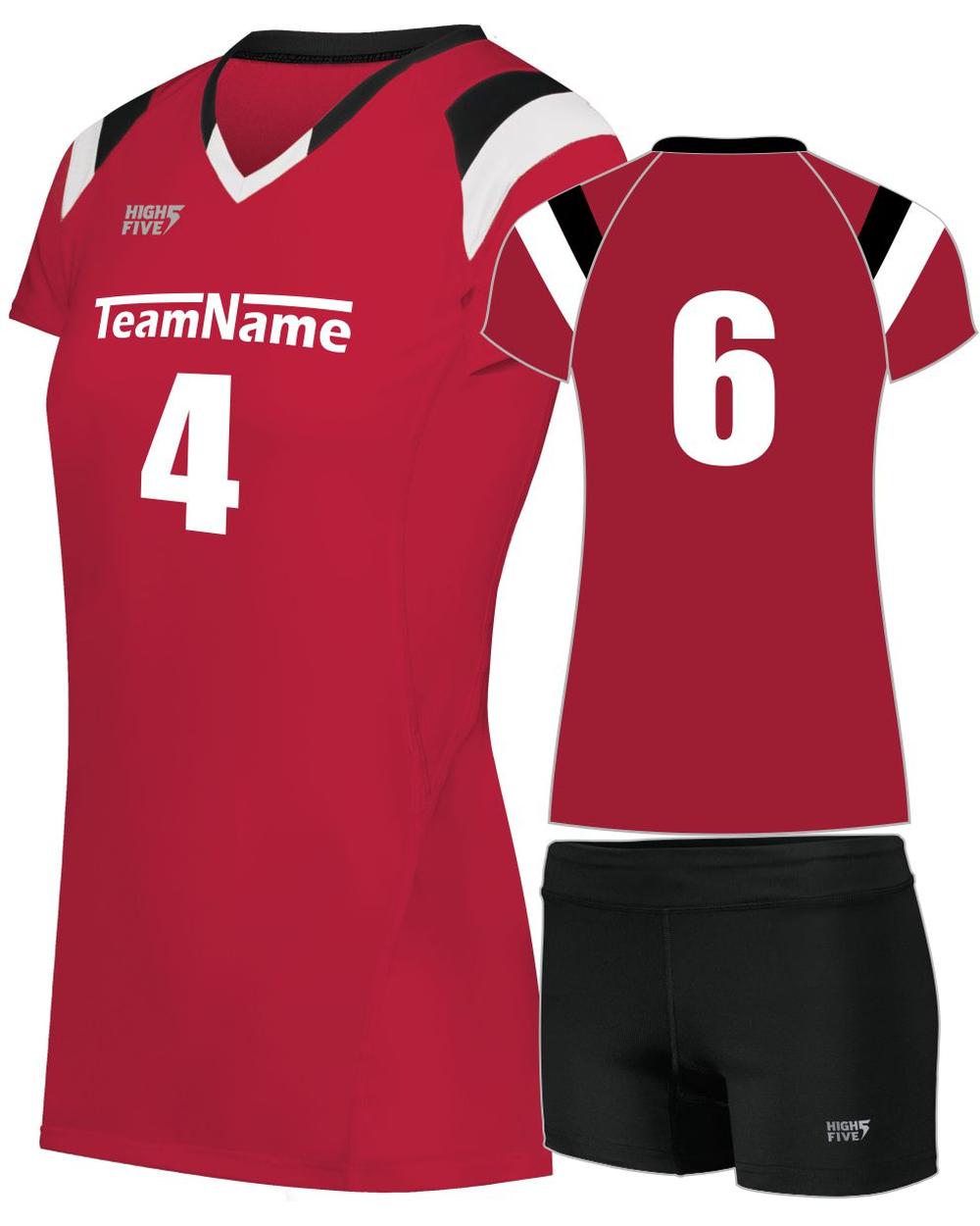 High 5 Women's TruHit Tri-Color Custom Volleyball Uniform, color: Scarlet/Black/White