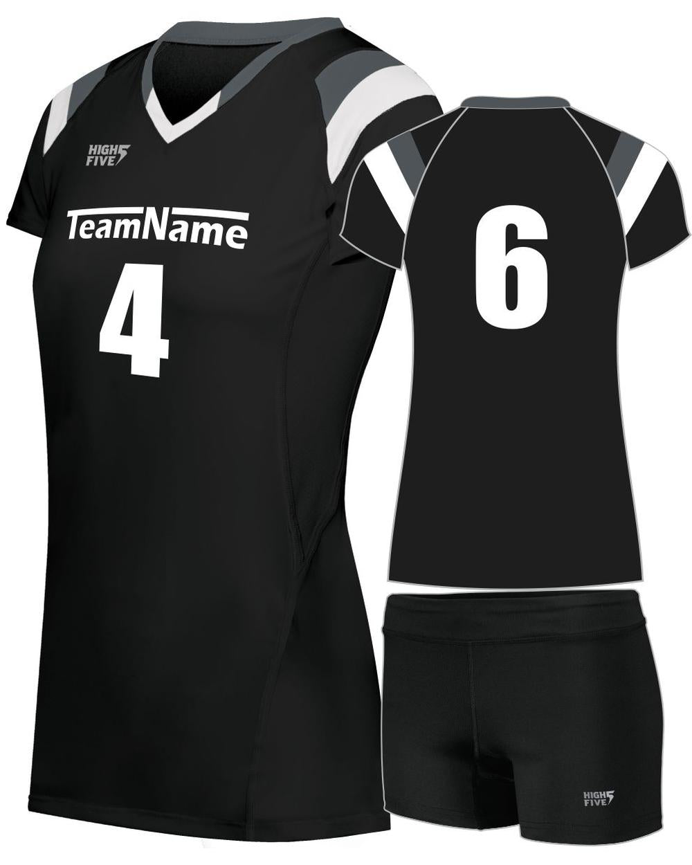High 5 Women's TruHit Tri-Color Custom Volleyball Uniform, color: Black/Graphite/White