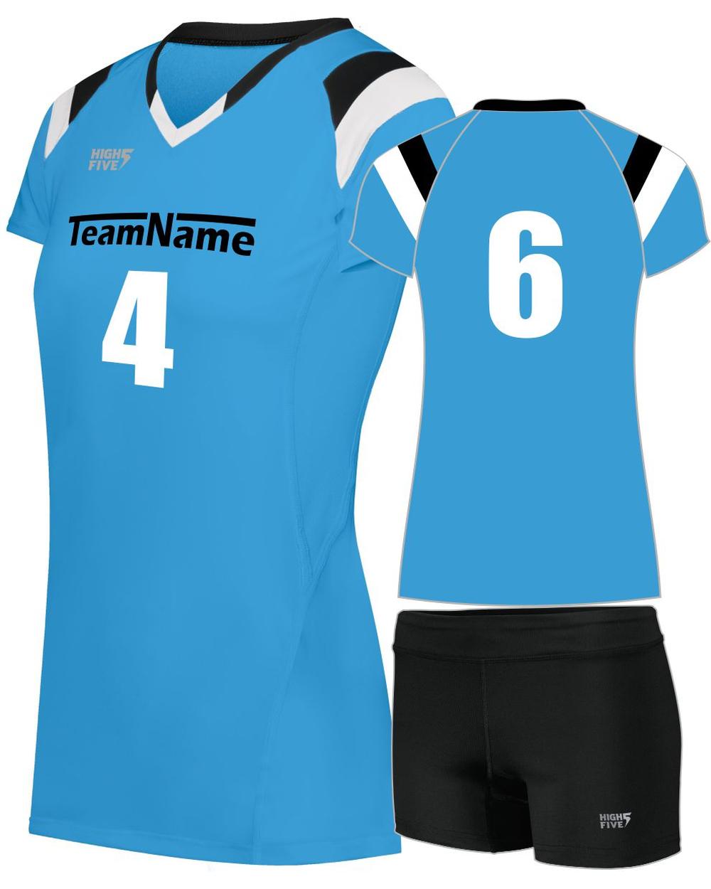 High 5 Women's TruHit Tri-Color Custom Volleyball Uniform, color: Power Blue/Black/White