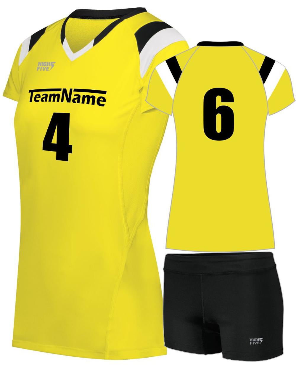 High 5 Women's TruHit Tri-Color Custom Volleyball Uniform, color: Electric Yellow/Black/White