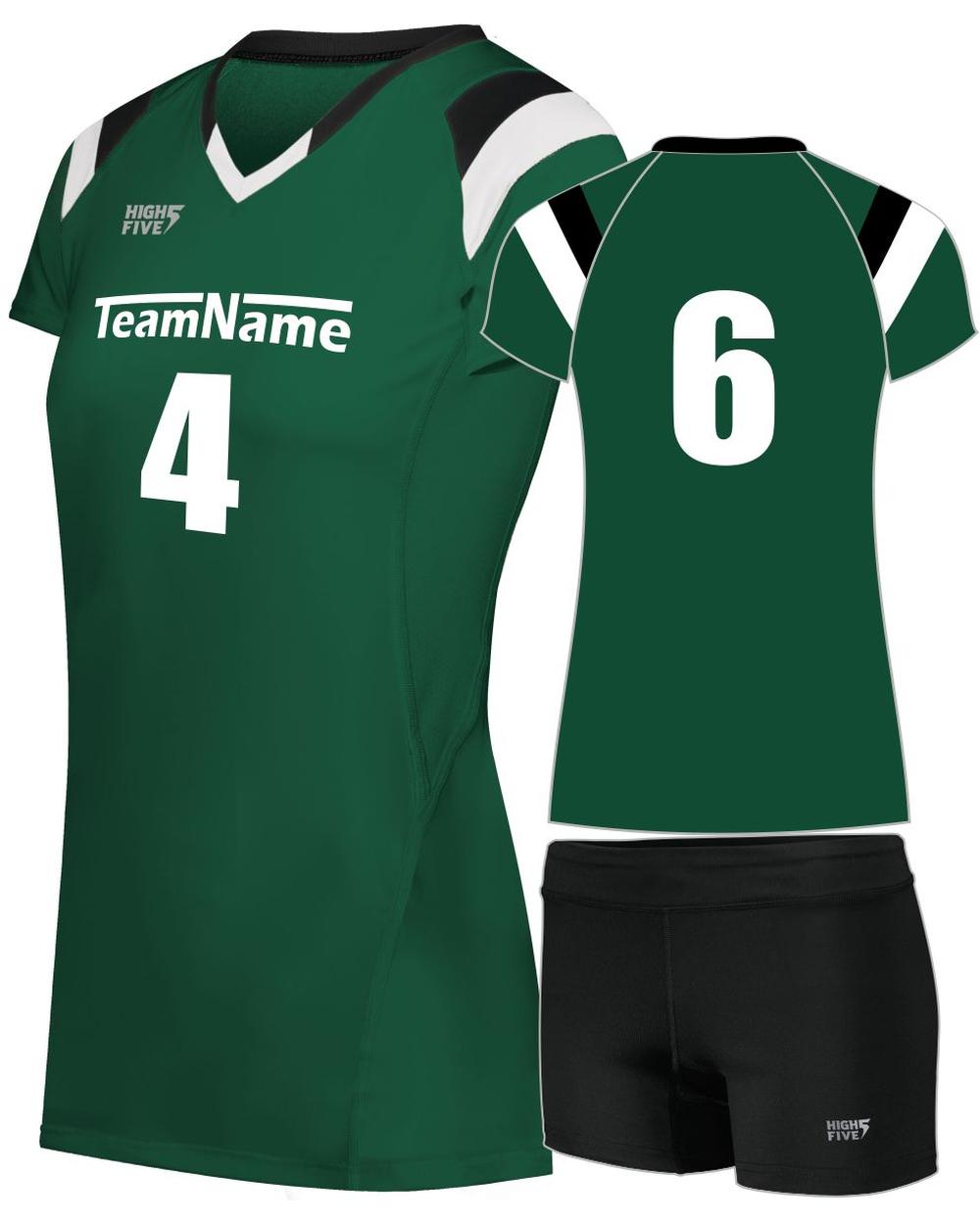 High 5 Women's TruHit Tri-Color Custom Volleyball Uniform, color: Dark Green/Black/White
