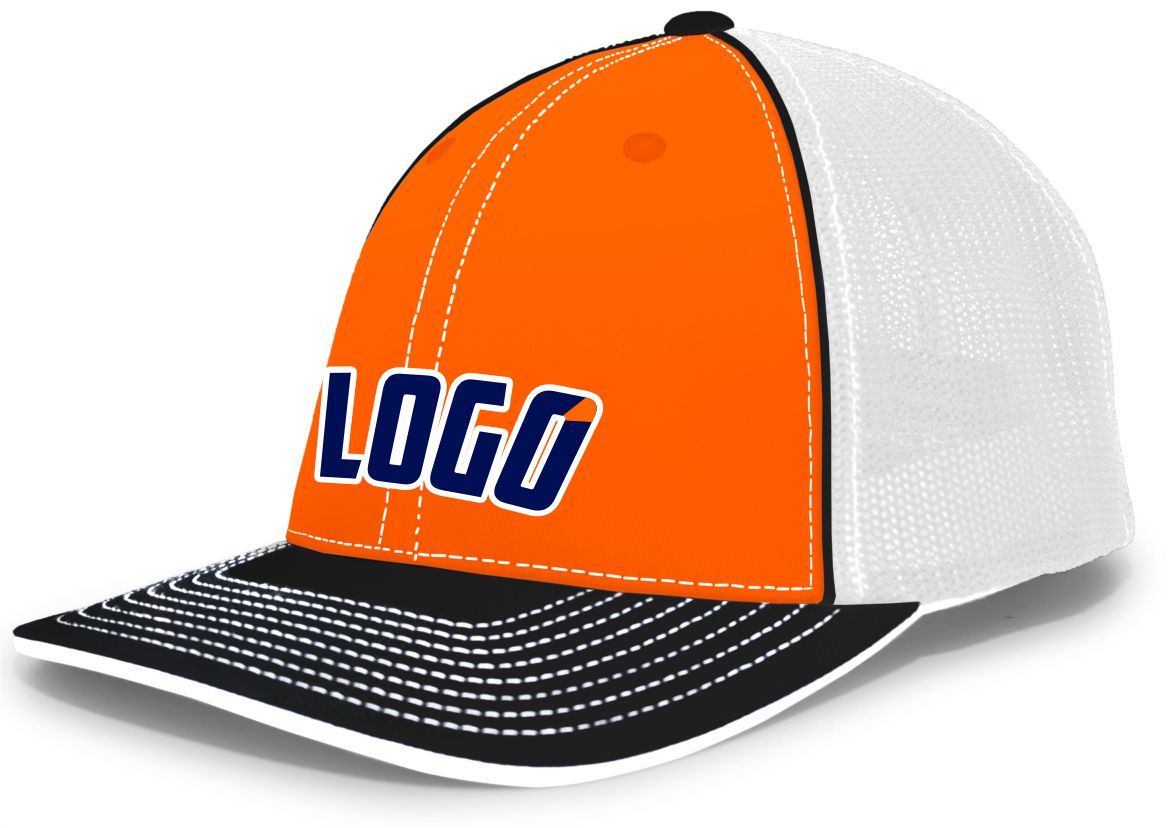 404MWL Unisex Trucker FlexFit MeshBack Custom Cap, color: Orange/White/Black