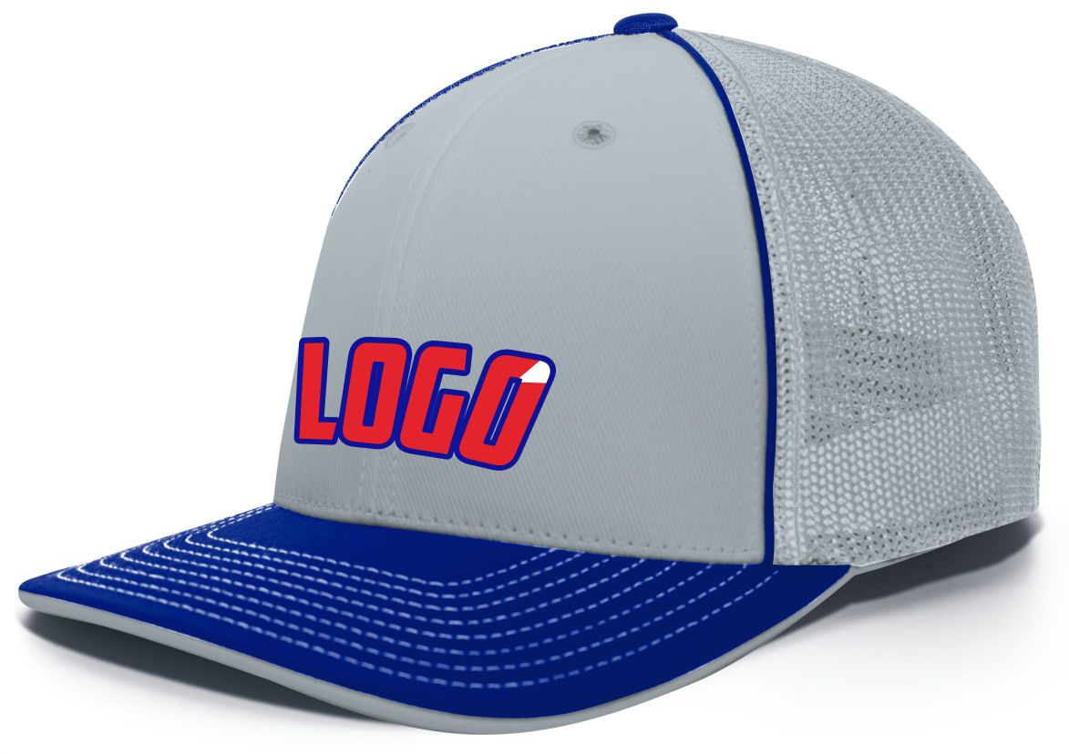 404MWL Unisex Trucker FlexFit MeshBack Custom Cap, color: Silver/Royal