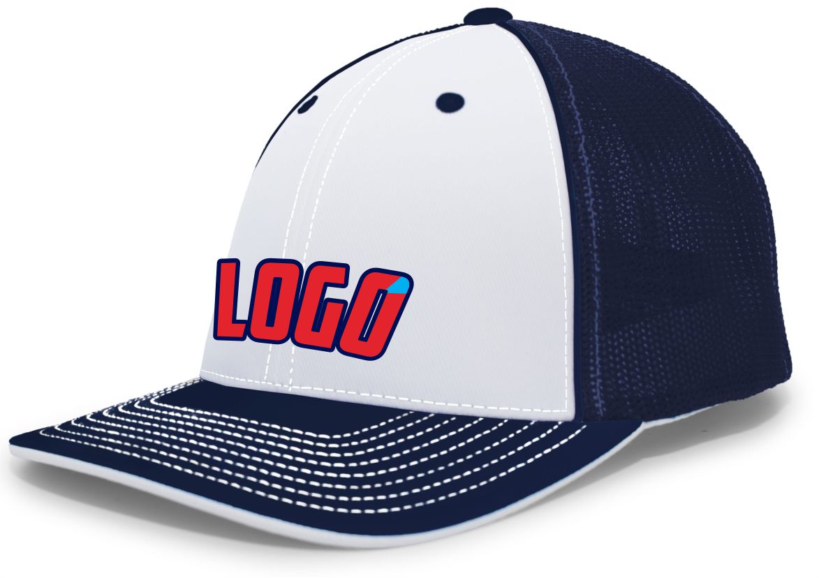 404MWL Unisex Trucker FlexFit MeshBack Custom Cap, color: White/Navy/Navy