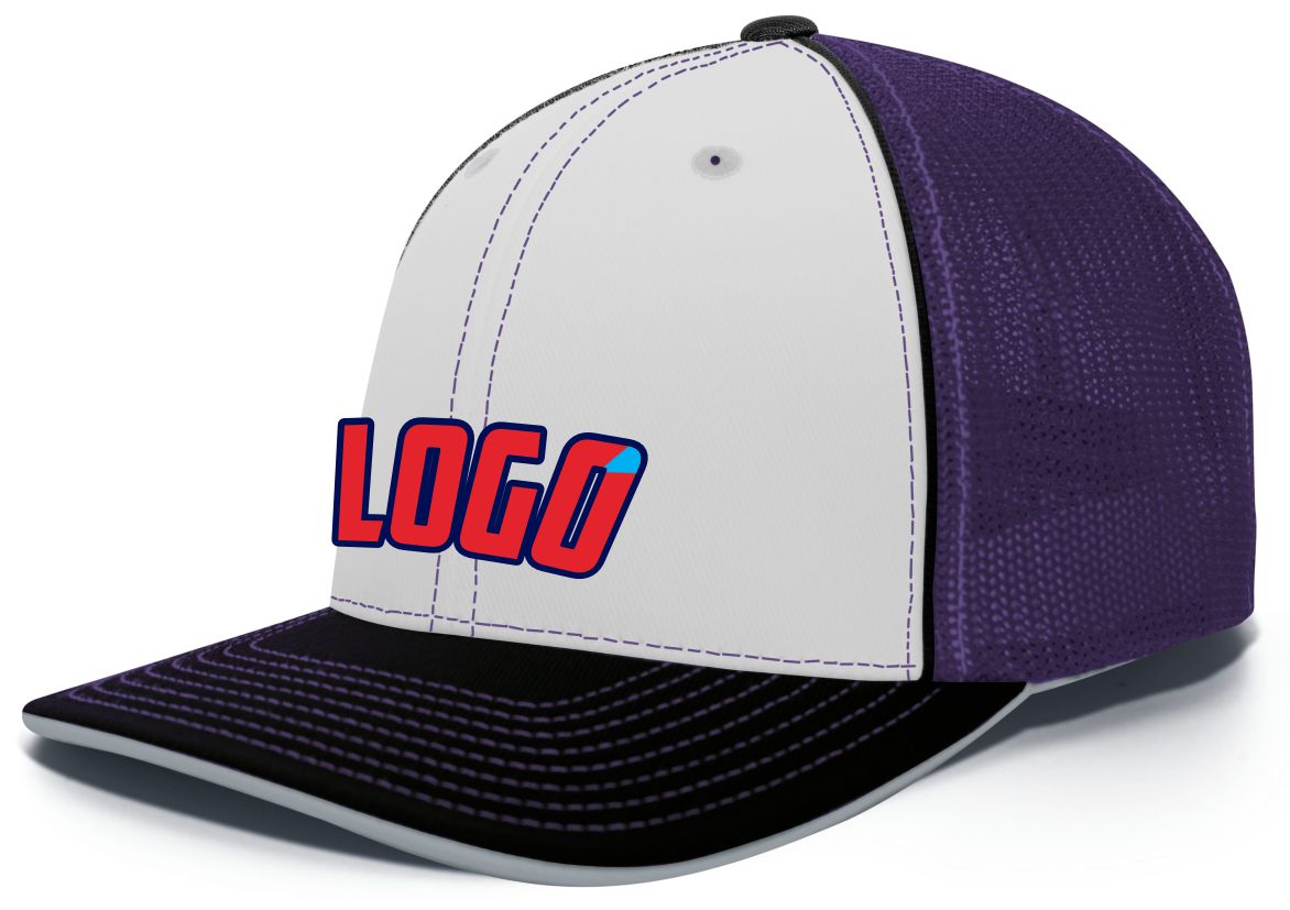 404MWL Unisex Trucker FlexFit MeshBack Custom Cap, color: White/Purple/Black