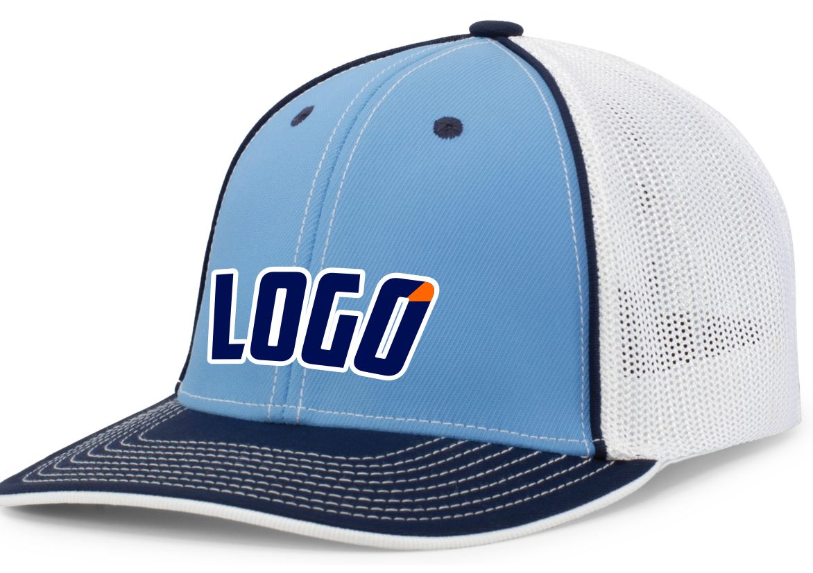 404MWL Unisex Trucker FlexFit MeshBack Custom Cap, color: Columbia Blue/White/Navy