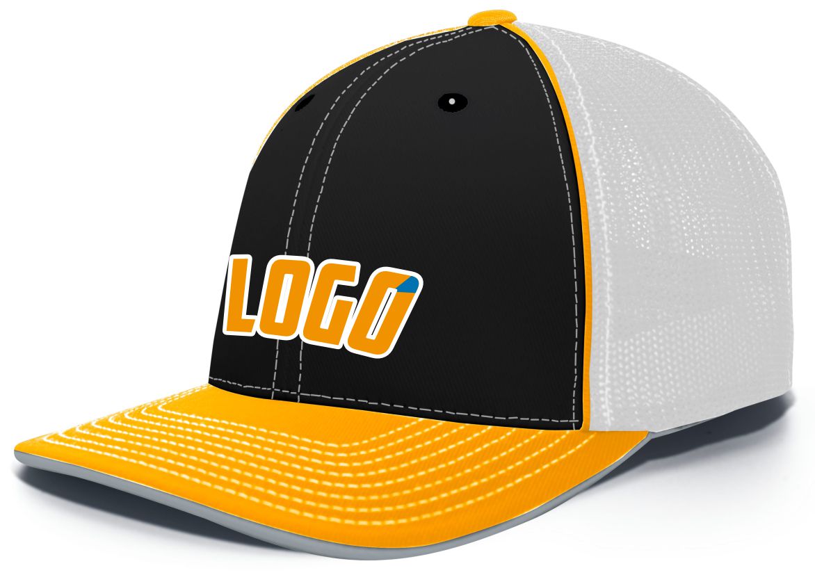 404MWL Unisex Trucker FlexFit MeshBack Custom Cap, color: Black/White/Gold