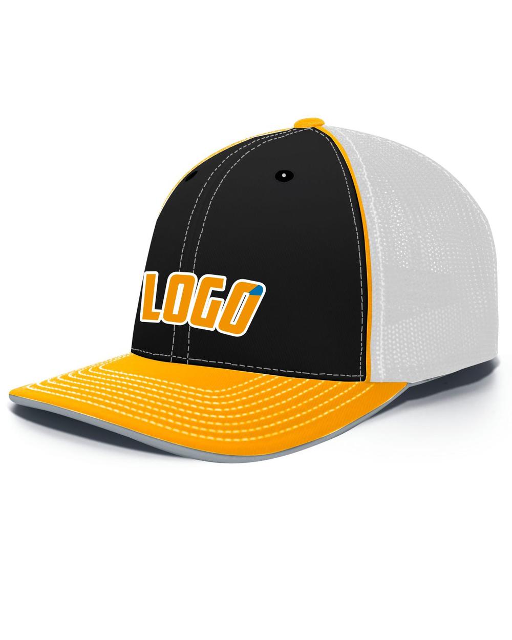 Pacific Trucker FlexFit MeshBack Custom Cap, color: Black/White/Gold