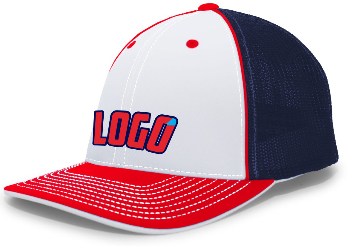 404MWL Unisex Trucker FlexFit MeshBack Custom Cap, color: White/Navy/Red
