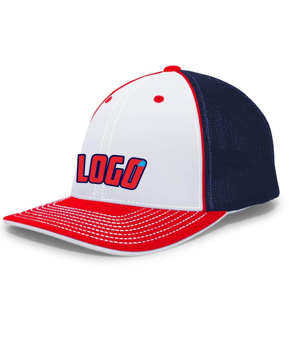 Pacific Trucker FlexFit MeshBack Custom Cap, color: White/Navy/Red