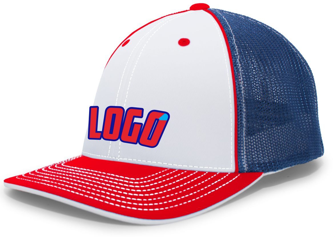 404MWL Unisex Trucker FlexFit MeshBack Custom Cap, color: White/Royal/Red