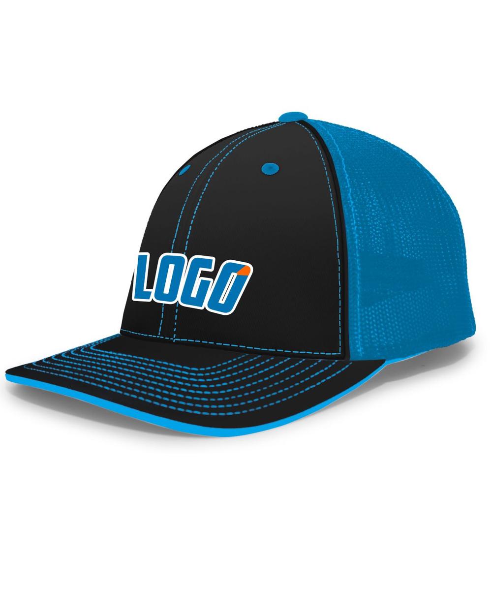 Pacific Trucker FlexFit MeshBack Custom Cap, color: Black/Neon Blue/Black