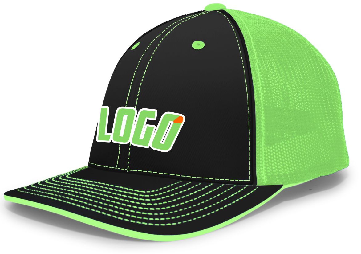 404MWL Unisex Trucker FlexFit MeshBack Custom Cap, color: Black/Neon Green/Black