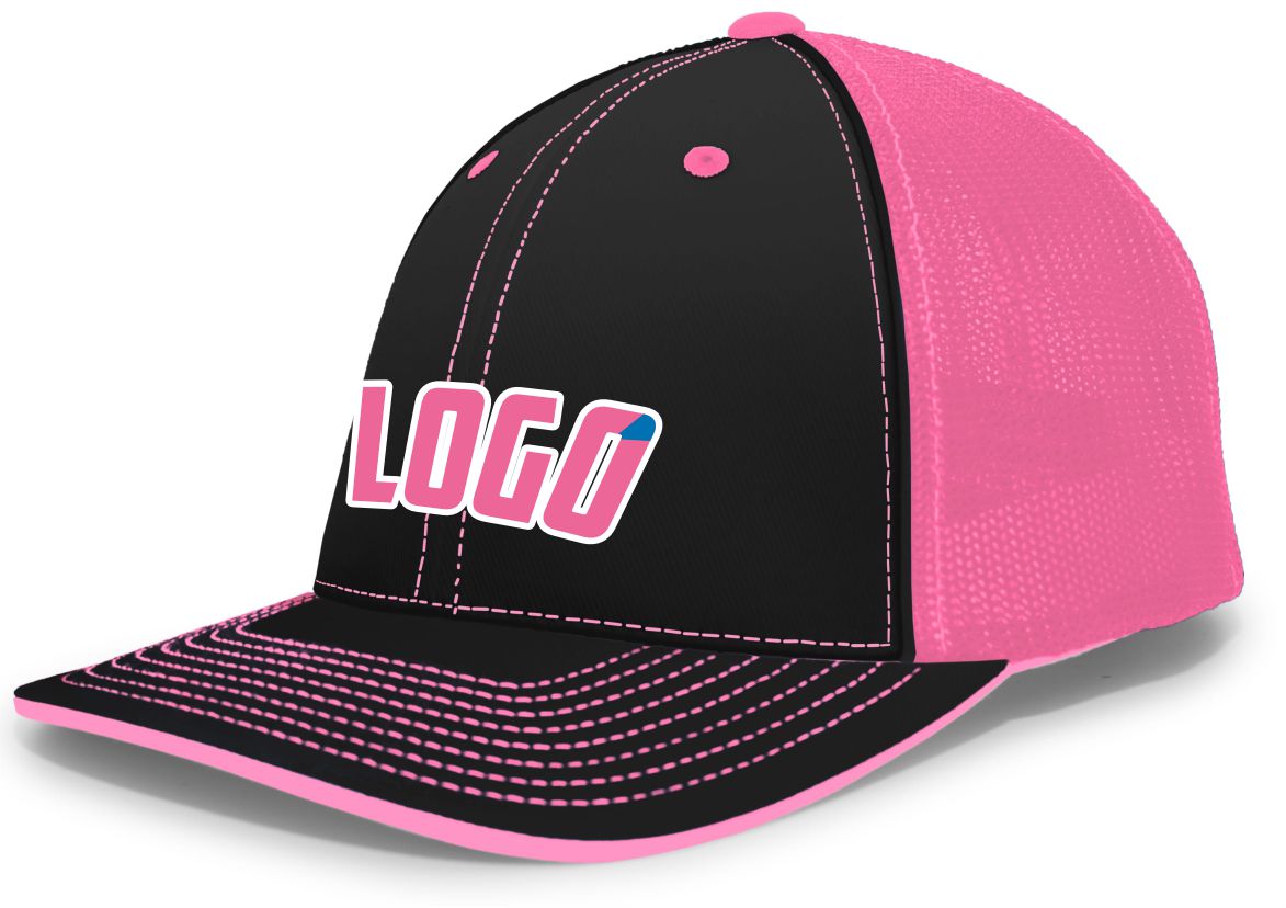 404MWL Unisex Trucker FlexFit MeshBack Custom Cap, color: Black/Pink/Black