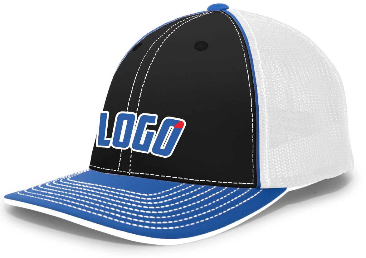 404MWL Unisex Trucker FlexFit MeshBack Custom Cap, color: Black/White/Royal