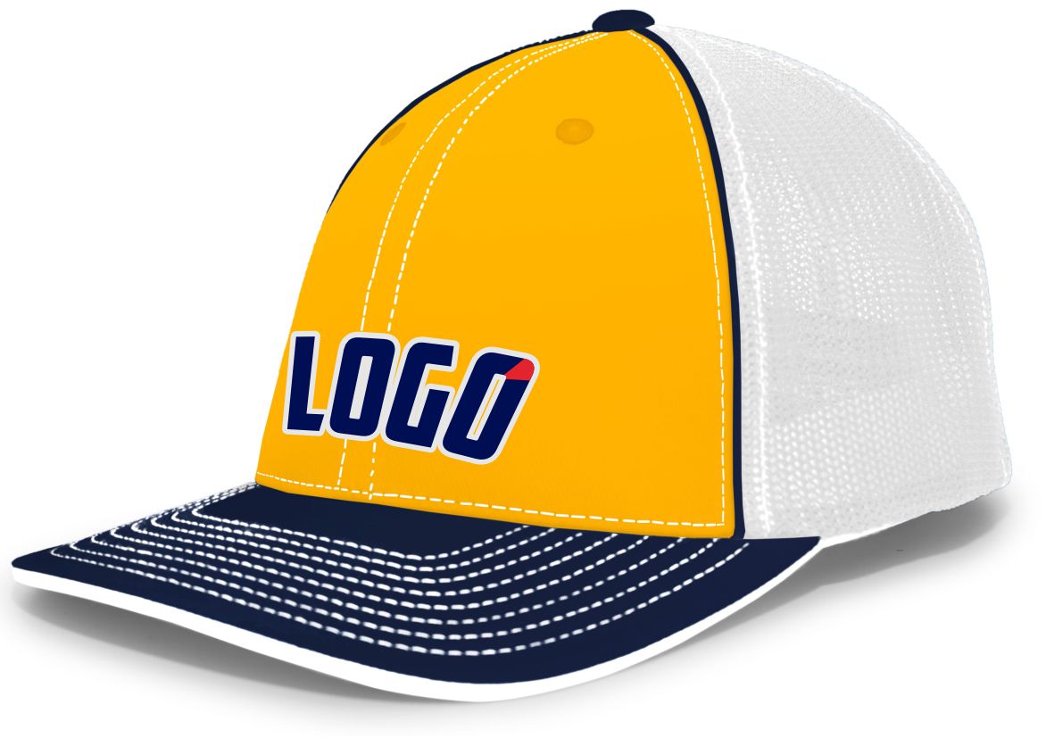 404MWL Unisex Trucker FlexFit MeshBack Custom Cap, color: Gold/White/Navy