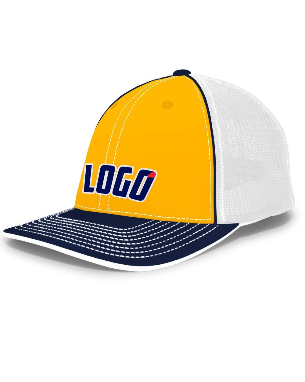 Pacific Trucker FlexFit MeshBack Custom Cap, color: Gold/White/Navy