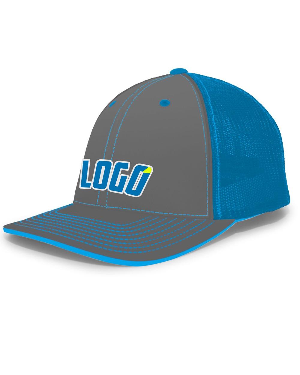 Pacific Trucker FlexFit MeshBack Custom Cap, color: Graphite/Neon Blue/Graphite