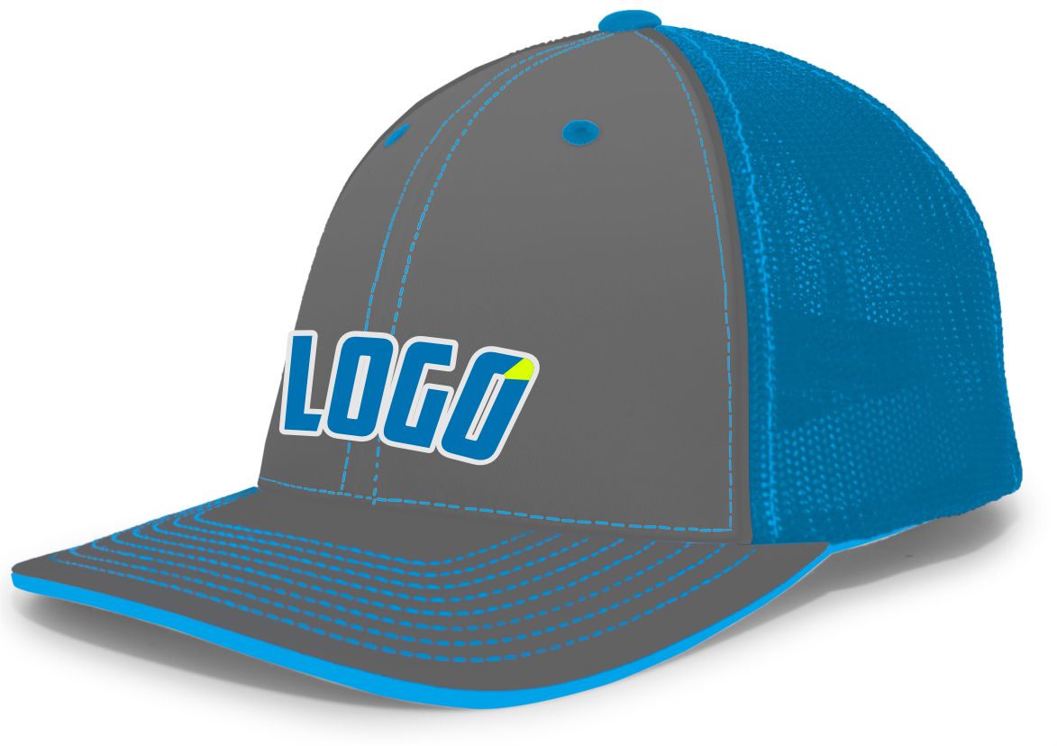 404MWL Unisex Trucker FlexFit MeshBack Custom Cap, color: Graphite/Neon Blue/Graphite