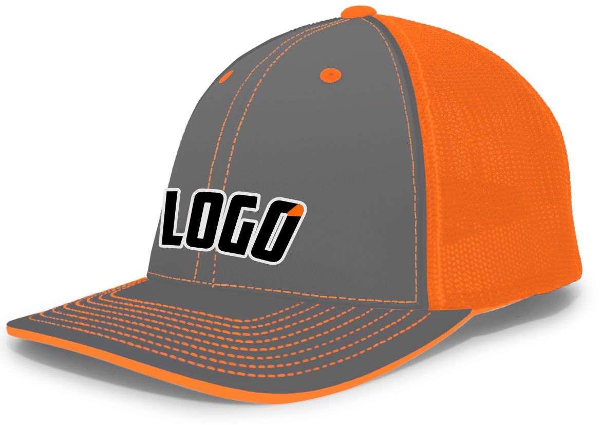 404MWL Unisex Trucker FlexFit MeshBack Custom Cap, color: Graphite/Neon Orange/Graphite