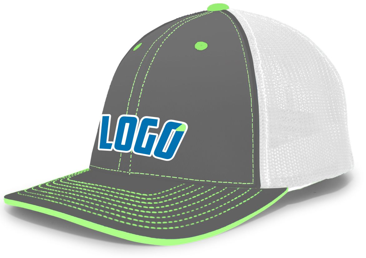 404MWL Unisex Trucker FlexFit MeshBack Custom Cap, color: Graphite/White/Neon Green