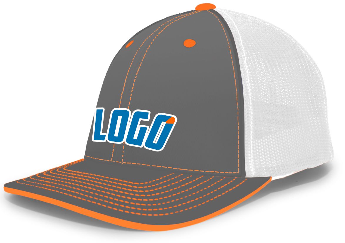 404MWL Unisex Trucker FlexFit MeshBack Custom Cap, color: Graphite/White/Neon Orange