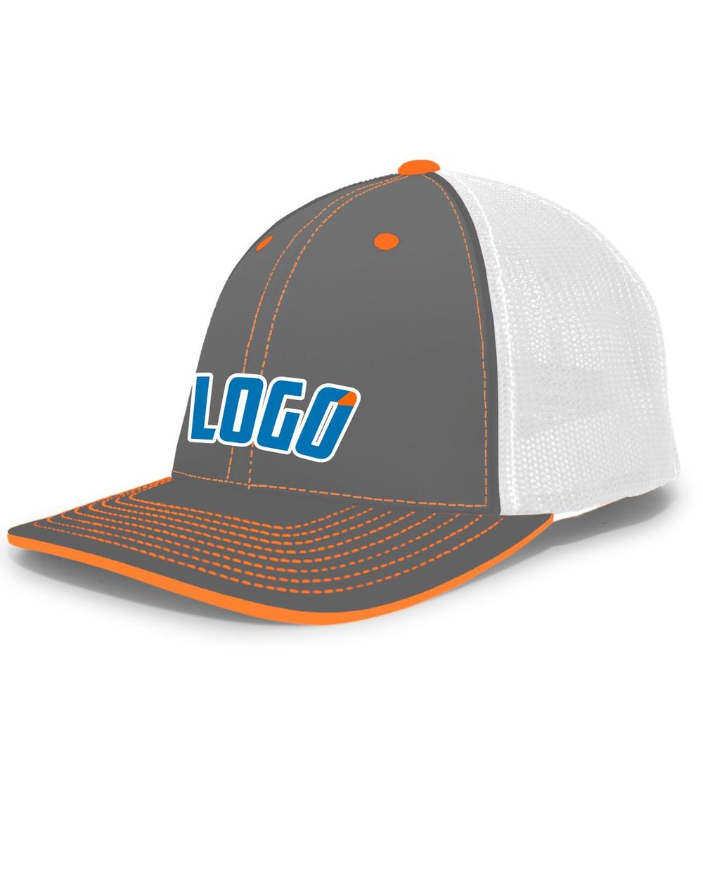 Pacific Trucker FlexFit MeshBack Custom Cap, color: Graphite/White/Neon Orange