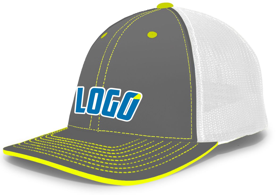 404MWL Unisex Trucker FlexFit MeshBack Custom Cap, color: Graphite/White/Neon Yellow