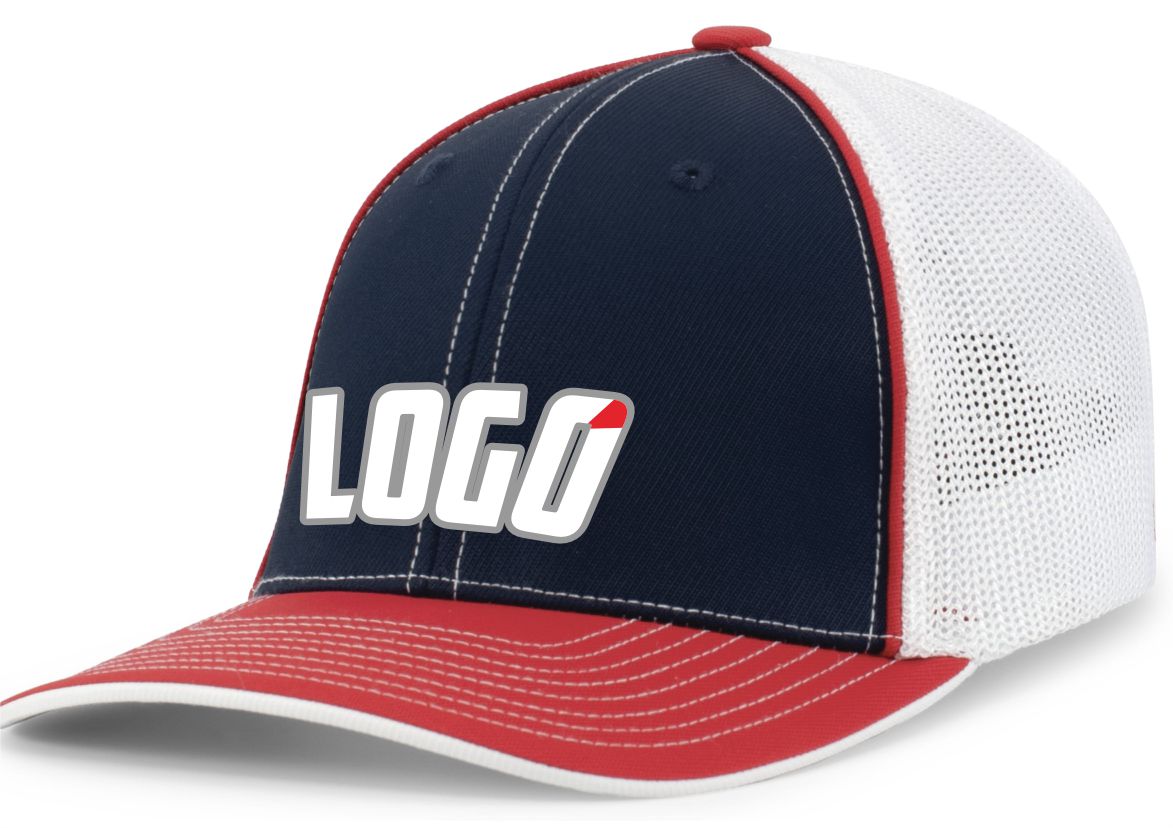 404MWL Unisex Trucker FlexFit MeshBack Custom Cap, color: Navy/White/Red