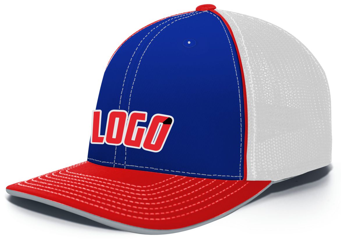 404MWL Unisex Trucker FlexFit MeshBack Custom Cap, color: Royal/White/Red