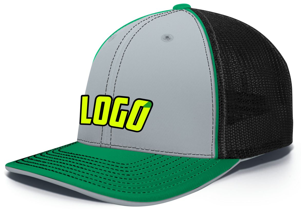 404MWL Unisex Trucker FlexFit MeshBack Custom Cap, color: Silver/Black/Kelly
