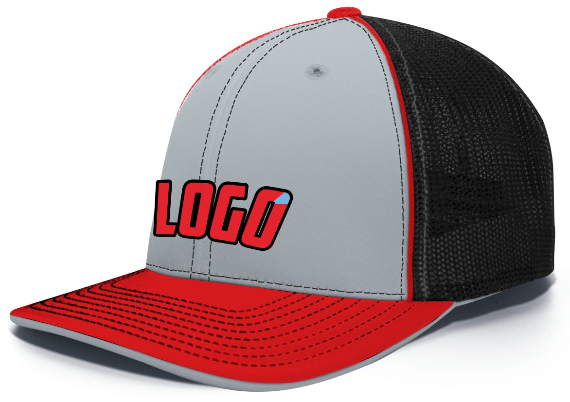 404MWL Unisex Trucker FlexFit MeshBack Custom Cap, color: Silver/Black/Red