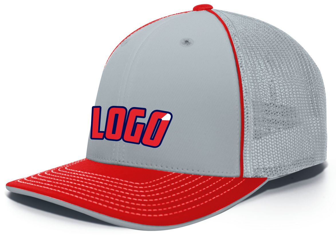 404MWL Unisex Trucker FlexFit MeshBack Custom Cap, color: Silver/Red