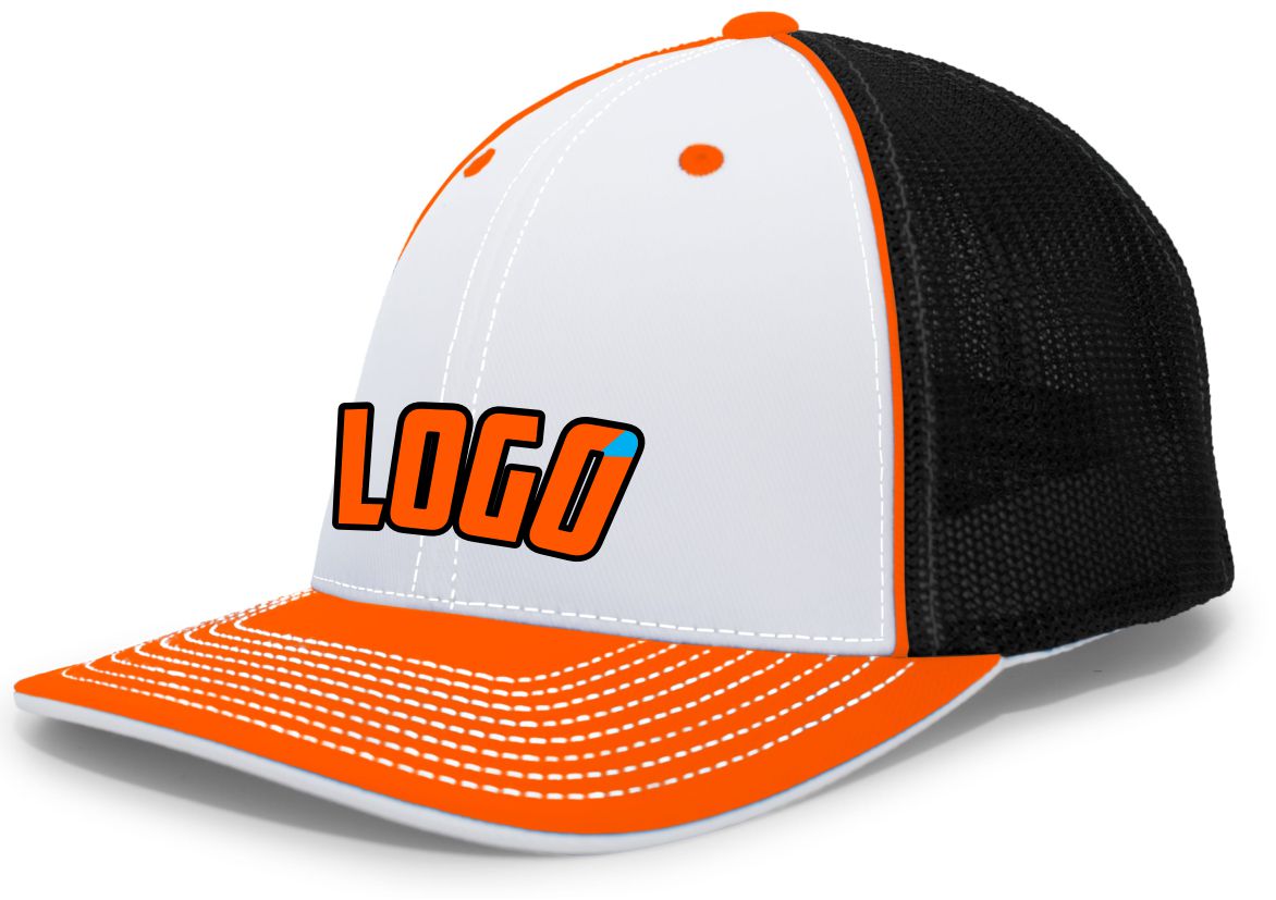 404MWL Unisex Trucker FlexFit MeshBack Custom Cap, color: White/Black/Orange