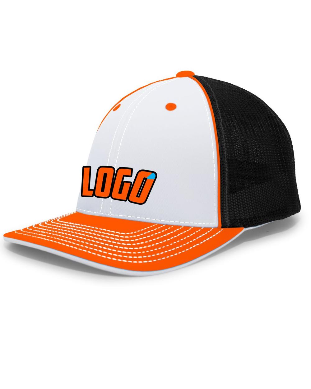 Pacific Trucker FlexFit MeshBack Custom Cap, color: White/Black/Orange