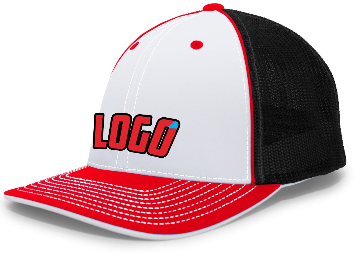 404MWL Unisex Trucker FlexFit MeshBack Custom Cap, color: White/Black/Red
