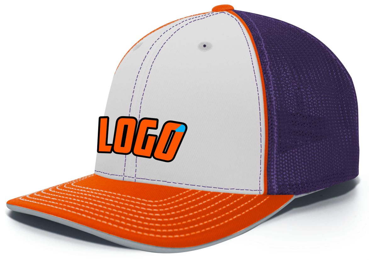 404MWL Unisex Trucker FlexFit MeshBack Custom Cap, color: White/Purple/Orange