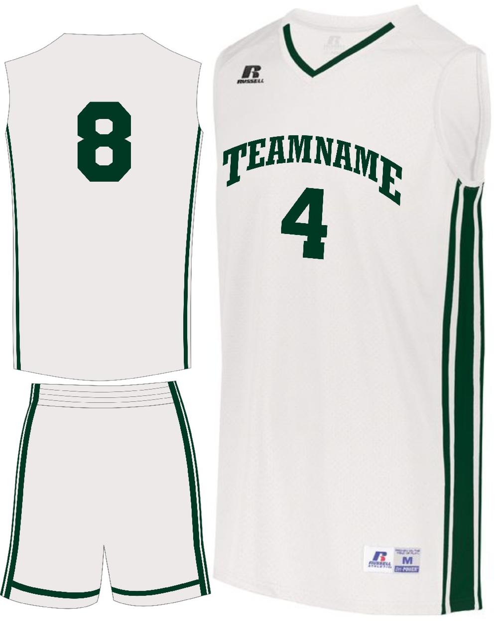 Russell Men's Legacy Custom Basketball Uniform, color: White/Dark Green