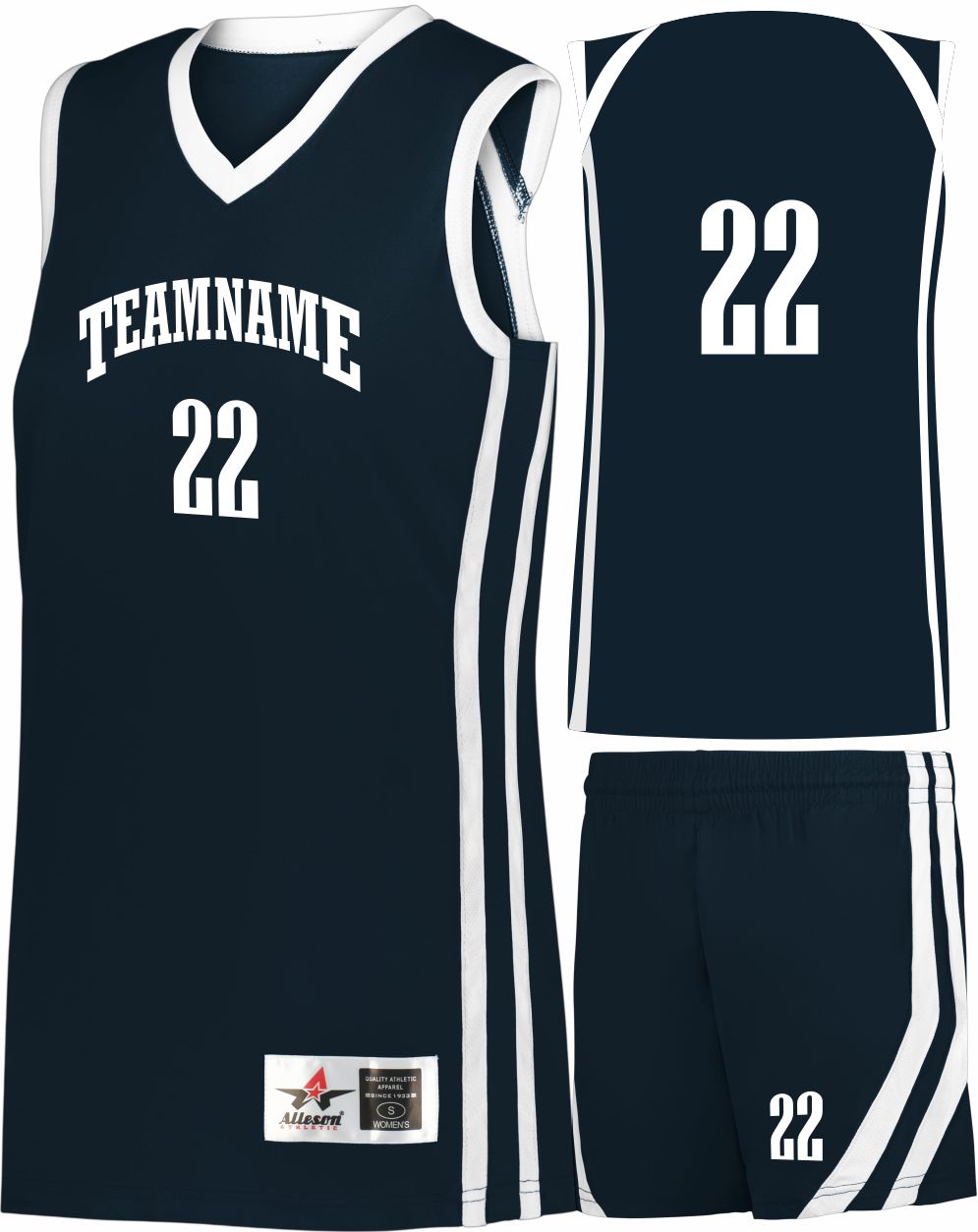 Alleson Sigle-Ply Custom Basketball Uniform, color: Navy/White