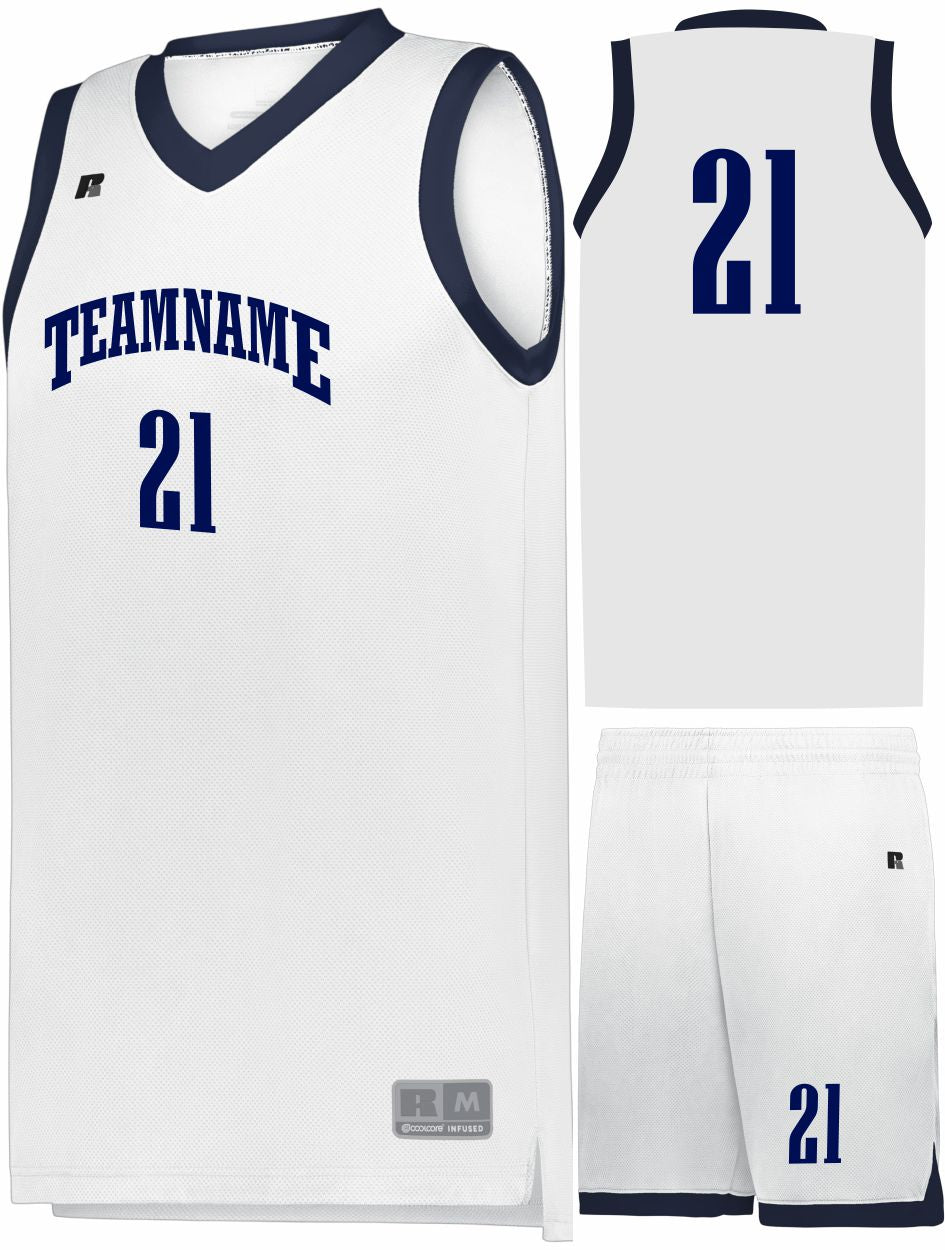 Russell Elite Powered By Coolcore Custom Basketball Uniform, color: White/Navy