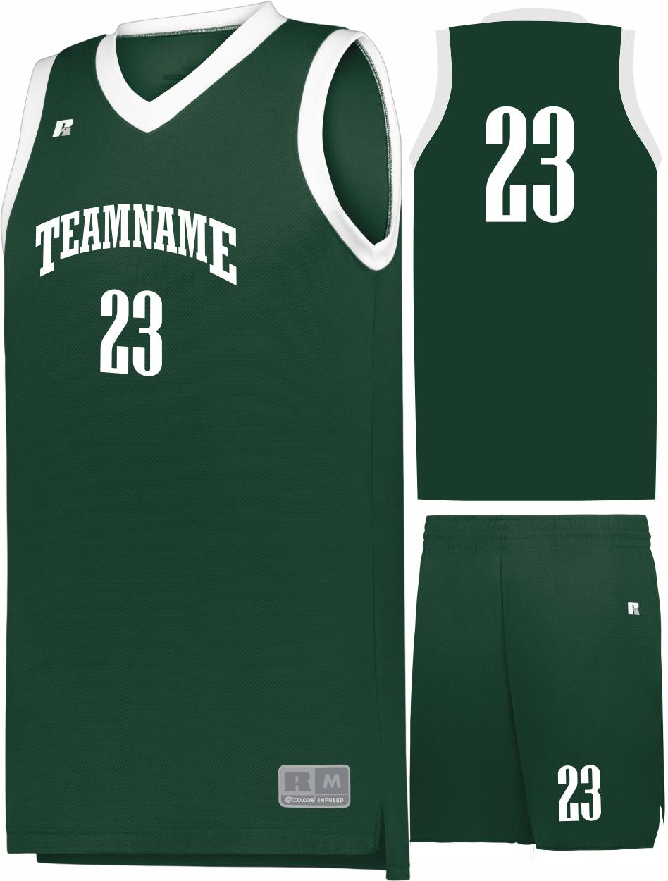 Russell Elite Powered By Coolcore Custom Basketball Uniform, color: Dark Green/White