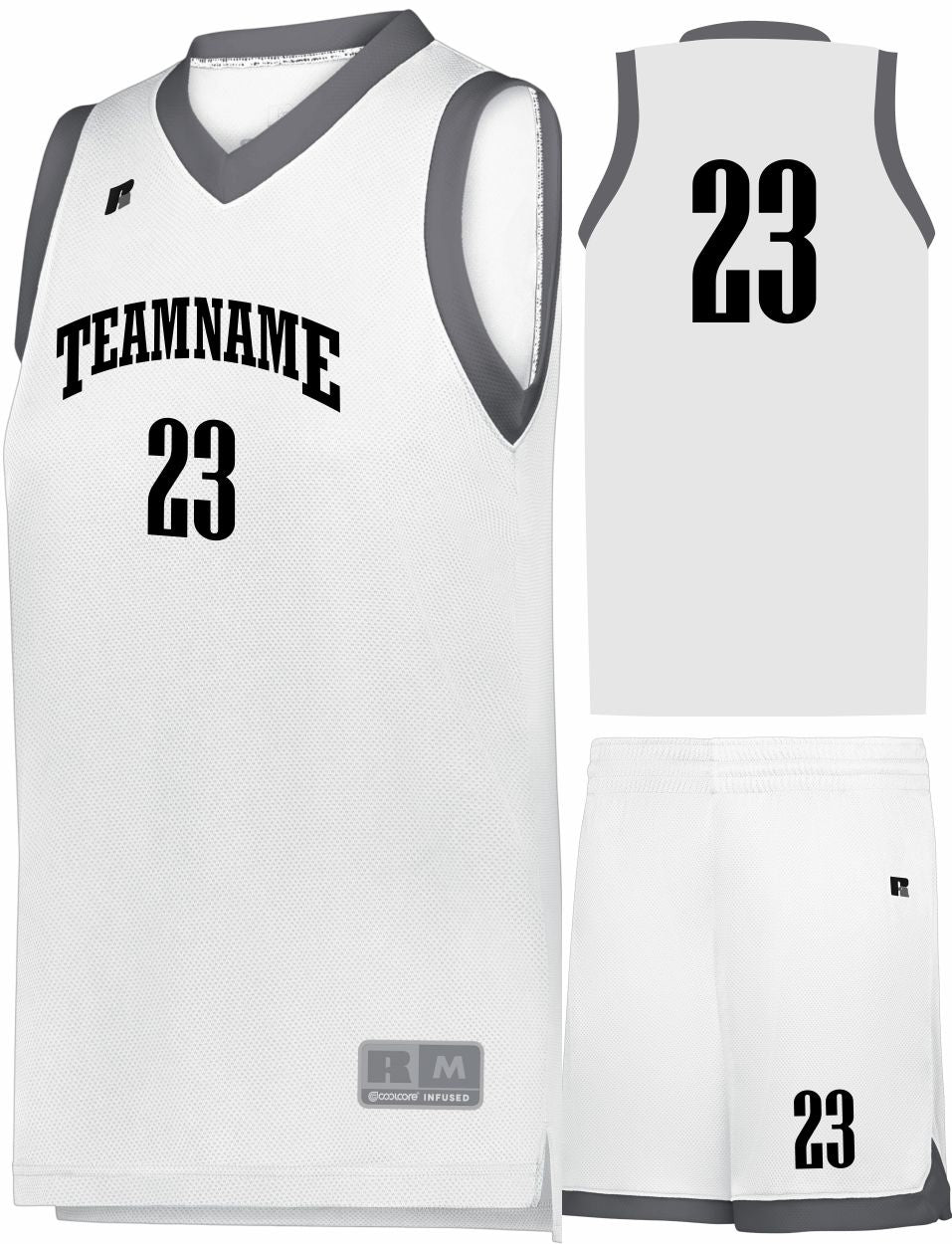 Russell Elite Powered By Coolcore Custom Basketball Uniform, color: White/Stealth