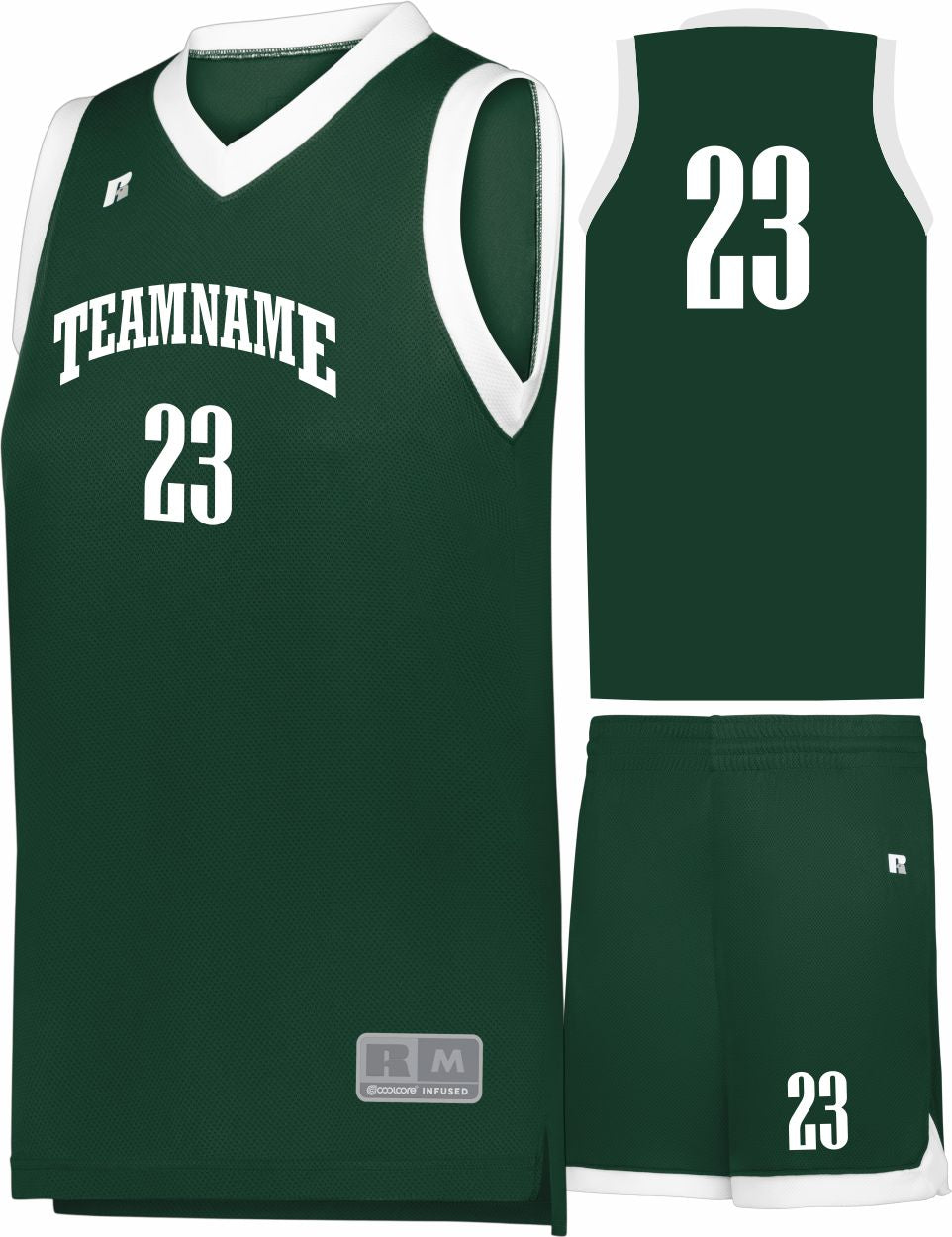 Russell Elite Powered By Coolcore Custom Basketball Uniform, color: Dark Green/White