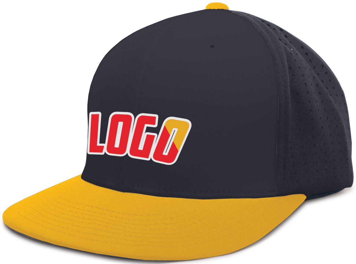 ES474WL Unisex Perforated F3 Performance FlexFit Flat Custom Cap, color: Navy/Gold