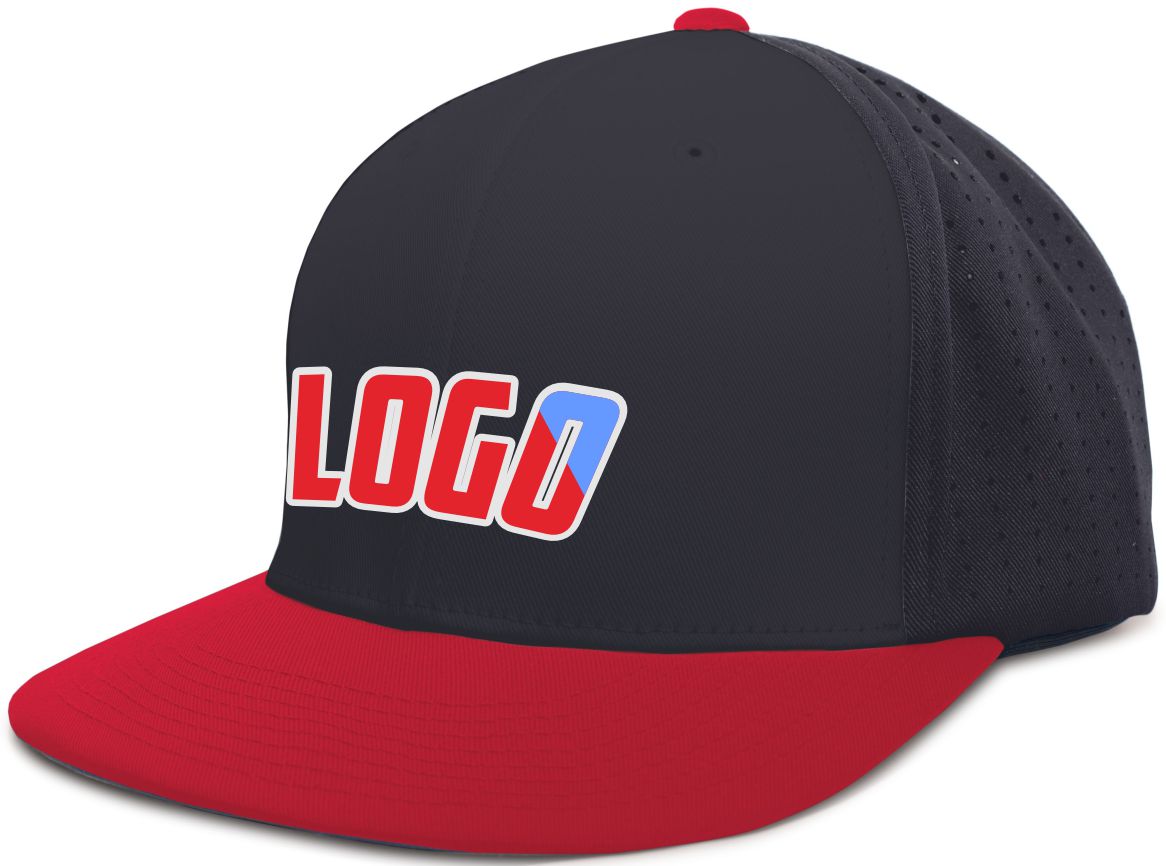 ES474WL Unisex Perforated F3 Performance FlexFit Flat Custom Cap, color: Navy/Red