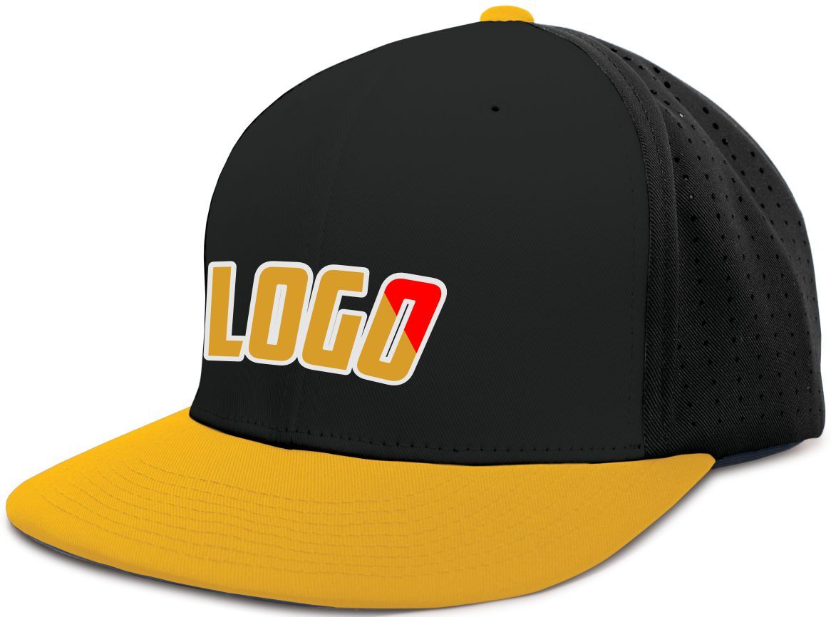 ES474WL Unisex Perforated F3 Performance FlexFit Flat Custom Cap, color: Black/Gold