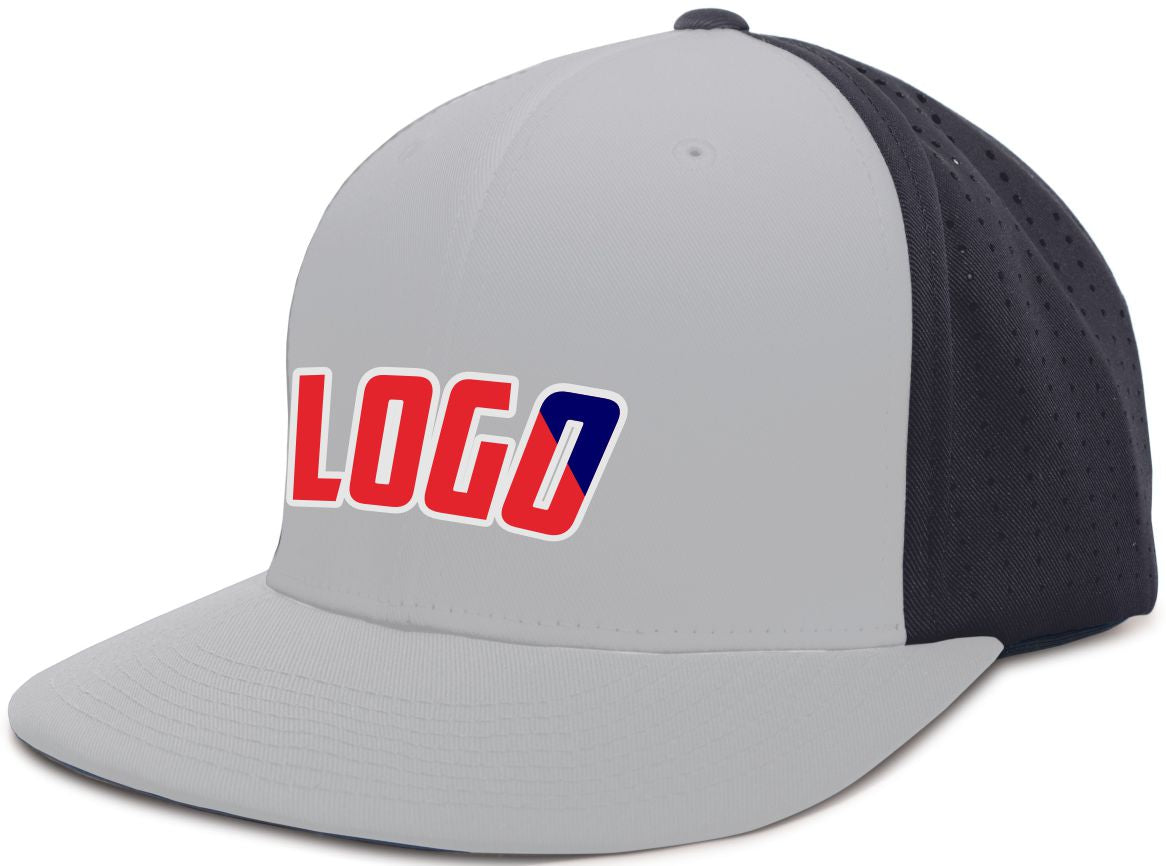 ES474WL Unisex Perforated F3 Performance FlexFit Flat Custom Cap, color: Silver/Navy