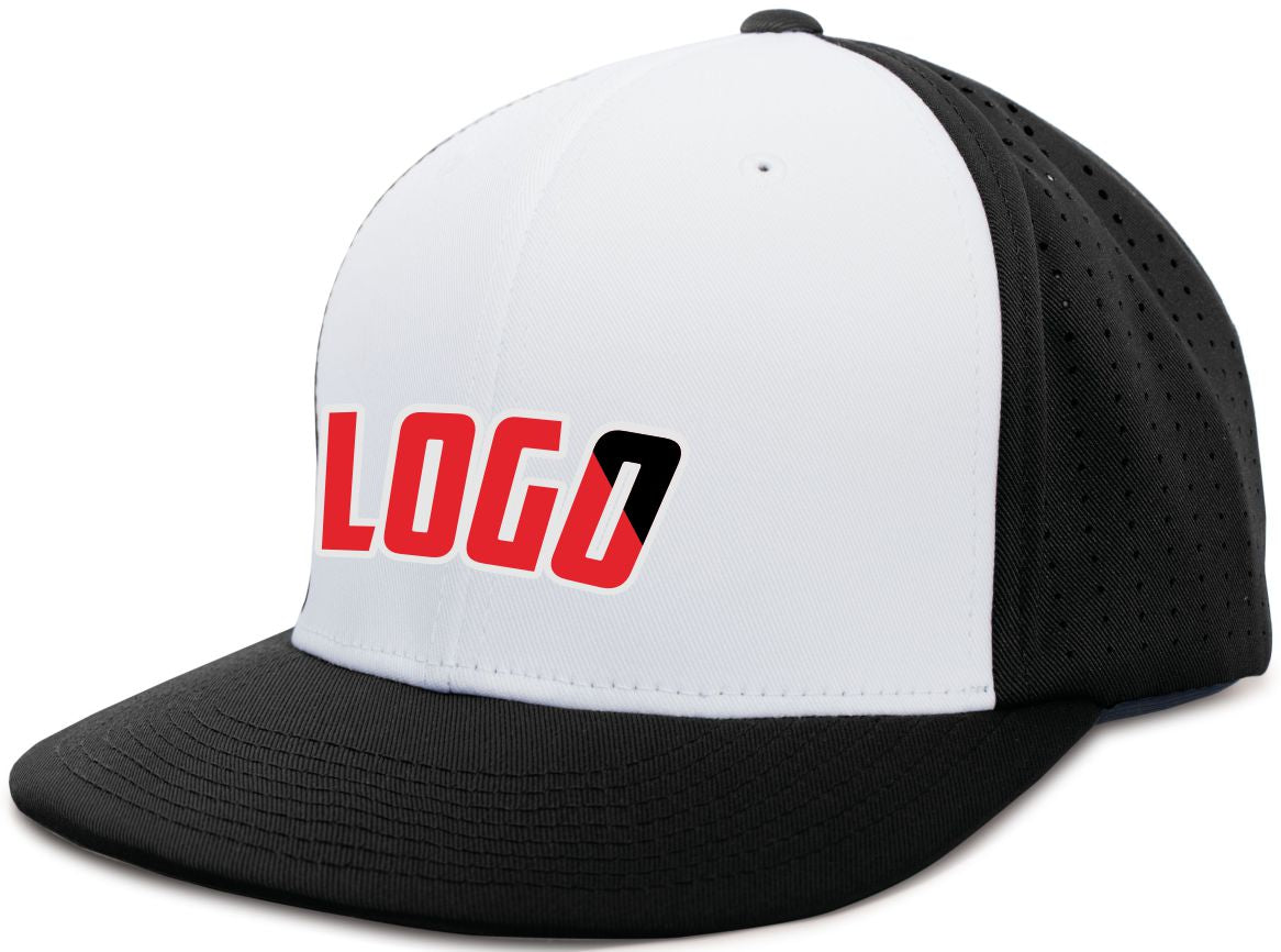 ES474WL Unisex Perforated F3 Performance FlexFit Flat Custom Cap, color: White/Black